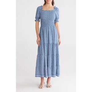 Max Studio Smocked Tiered Maxi Dress Cream Sky Size L NWT Short Sleeve